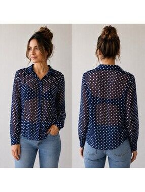 Love Potion Polka Dot Blouse Small Navy White Sheer Button Up Retro Pinup Y2K